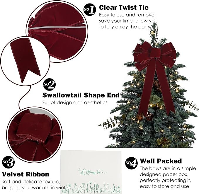13" Dark Red Bow Pre-Tied Bow for Christmas Tree, Burgundy Velvet Ribbon Bows for Wreaths, Premade Tree Toppers Bows for Gift Wrapping, Party Favor, Christmas Home Indoor Outdoor Decor-1 PCs