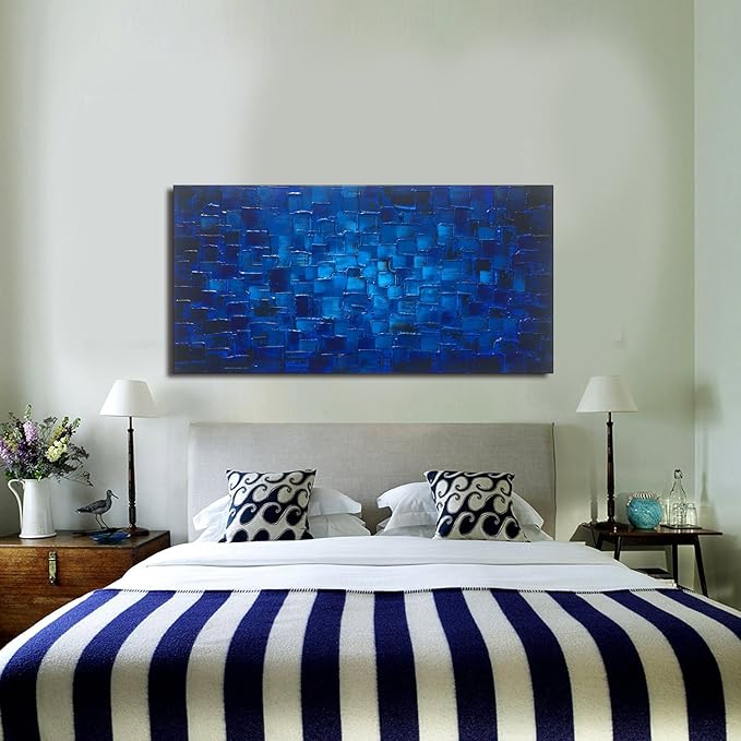 MyArton Textured Abstract Squares Canvas Wall Art Hand Painted Modern Dark Blue Oil Painting for Decoration Ready to Hang 48x24inch