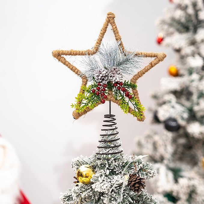 DUSVALLY Christmas Tree Topper - Metal Decoration with Holly Berry for Christmas Tree Top, Xmas Tree Topper Hat with Pine Cone & Holly Decor, Gift for Home & Office, 11" H