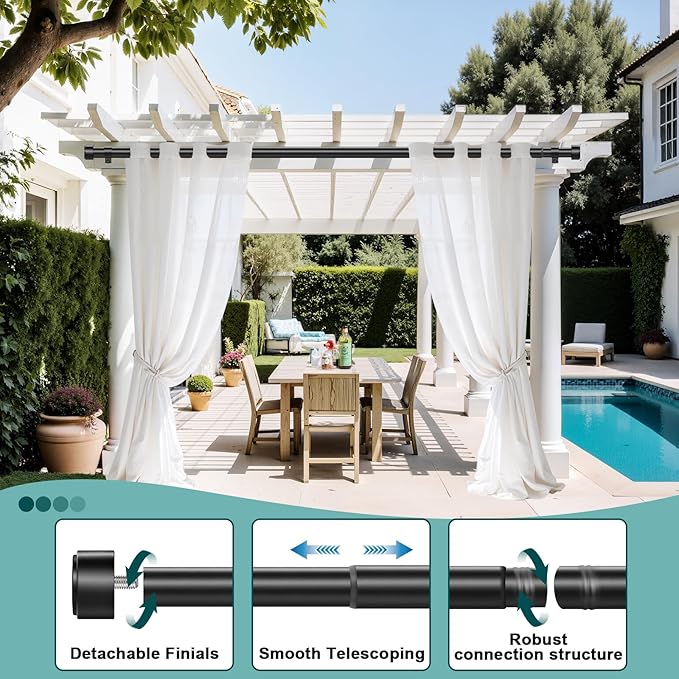 Black Curtain Rods 66-120 Inch, 1" Heavy Duty Extra Long Adjustable Wall Mount Drapery Rod, Telescoping Sectional Design for Large Windows, Outdoor Patio, Easy Install, Modern End Cap Finials