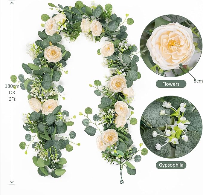 TOCHGREEN 2 Pack 12Ft Artificial Eucalyptus Flower Garland with Champagne Roses, Fake Rose Flower Greenery Garland Floral Vines for Wedding Home Party Table Runner Decor (2PCS, Champagne)