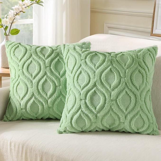 decorUhome Throw Pillow Covers 20x20 Inch Set of 2, Soft Plush Faux Wool Light Sage Green Solid Couch Pillow Covers, Accent Farmhouse Neutral Square Pillow Cases for Sofa Bed Living Room