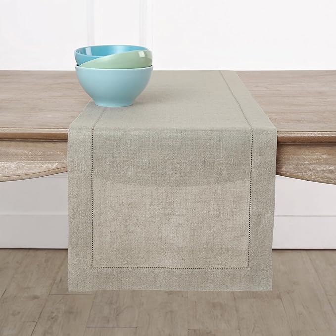 Solino Home Linen Natural Table Runner 120 Inches Long - 100% Pure Linen Hemstitch 14 x 120 Inch Table Runner for Dining, Spring, Easter - Classic Hemstitch