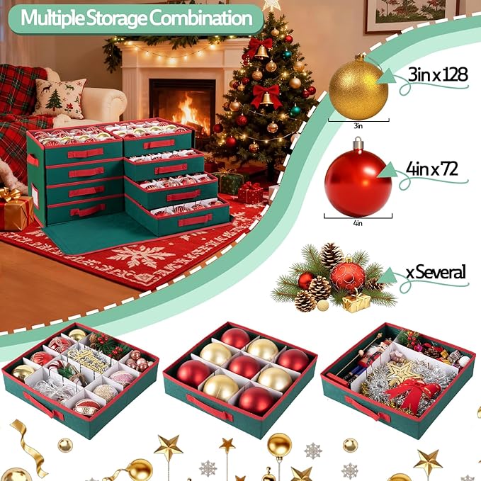 OIAHOMY Christmas Ornament storage Box with Adjustable Dividers, Christmas Storage Container with Side Open Stores up to 128-3" Ornaments, 8 Removable Drawer Style Trays - Red