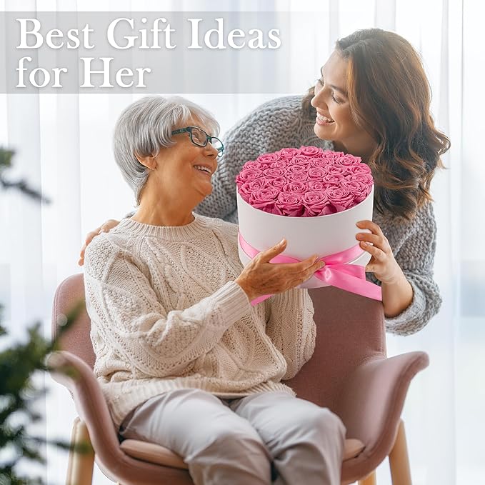27 Forever Roses in Luxury White Box, Eternal Real Roses Gift for Women, Preserved Flowers for Delivery Prime, Anniversary, Valentine's Day, Birthday for Her (Pink)