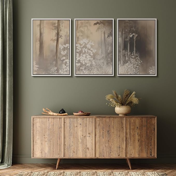 MUDECOR Framed Wall Art Print Set Neutral Forest Landscape Beige and Gray Watercolor Illustrations Realism Decorative for Living Room, Bedroom, Office - 16"x24"x3 White