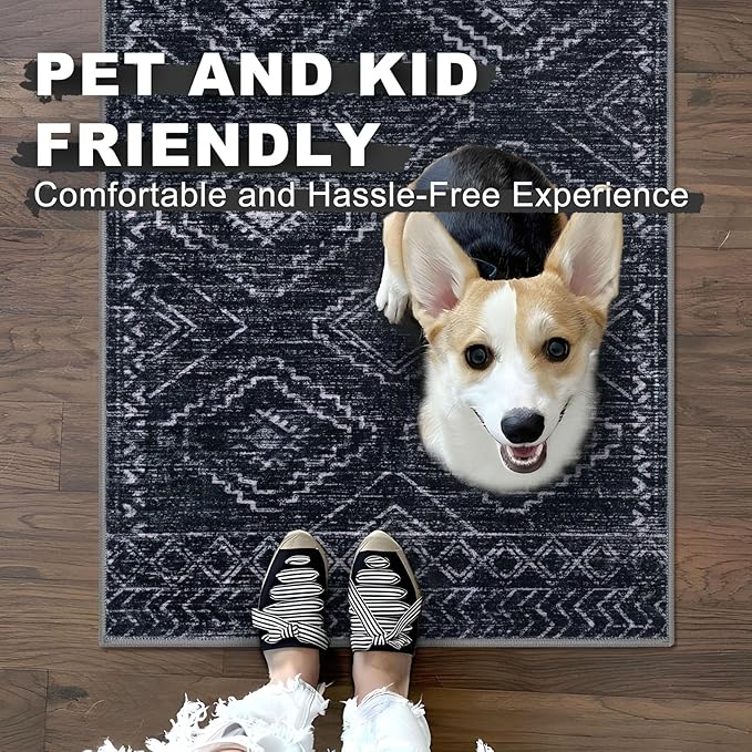 KILOCOCO Boho Entryway Rug 2x3 Printed Small Area Rug Indoor Door Mat Machine Washable Kitchen Rugs Super Soft Non Slip Throw Rugs for Bedroom Entrance Geometric Laundry Room, Black/Navy