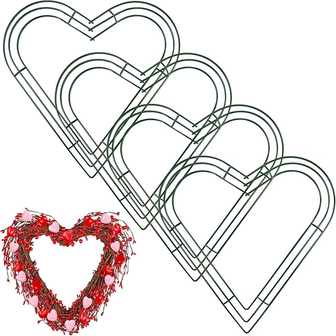 Aodaer 4 Pack 14 Inch Heart Wire Wreaths Frame Heart Metal Wreath Garland Green Wire Flower Wreath for Valentine's Day, Wedding Party, Home Ceremony Decoration