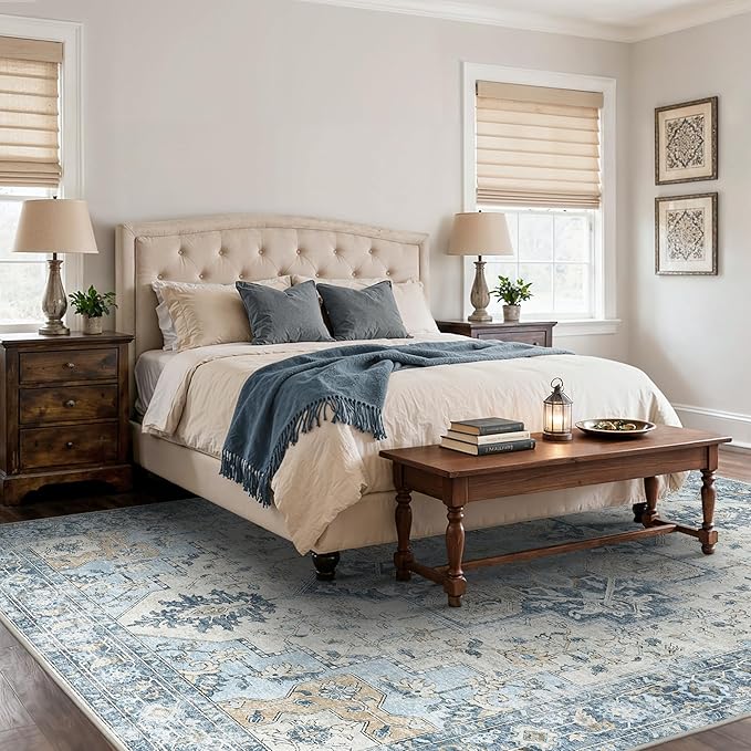 9x12 Area Rugs for Living Room, Machine Washable Non Slip Vintage Rugs, Low Pile Lightweight Print Rug for Bedroom, Dining Room, Home Office, Blue