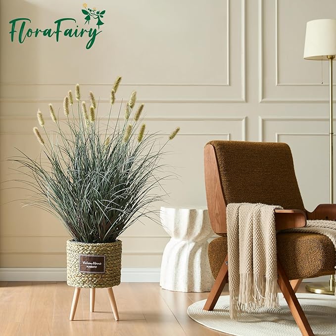 3ft Onion Grass, Extra Lush Artificial Plant and Greenery, Fake Floor Plants Indoor Outdoor, Potted Faux Green Bristlegrass with Yellow Spikes, Horsetail Reed Grass, House Decorative
