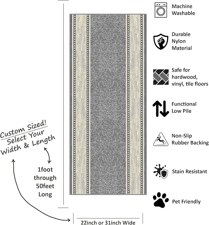 Kapaqua Custom Size Grey Ivory Bordered Rubber Backed Non-Slip Hallway Stair Runner Rug Carpet 31 inch Wide Choose Your Length 31in X 12ft