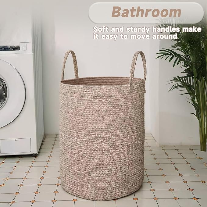 Large Woven Laundry Basket Hamper,100L Cotton Rope Storage Bin for Blankets,Toys and Clothes,Decorative Tall Nursery Hamper for Living Room,Baby Nursery,Bathroom and Bedroom,Oatmeal
