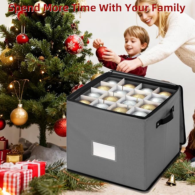 inin Christmas Ornament Storage Box with Adjustable Dividers,Christmas Ornaments Organizer with Zippered Top,Storage Container Bin for Holiday Decorations(64 Ball, Gray, with Tray)