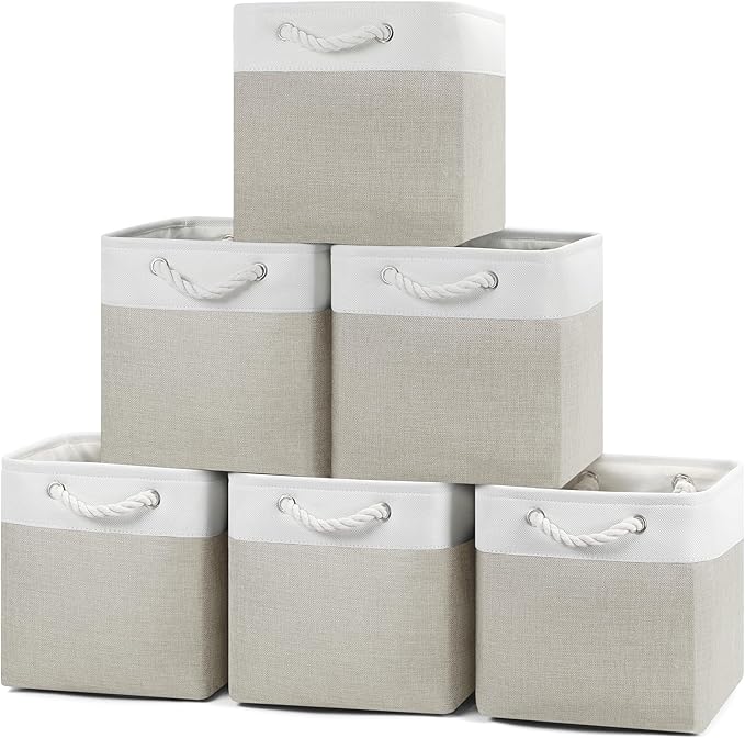 Posprica 11×11 Storage Cubes, Collapsible Storage Bins Organizer for Closet, Fabric Storage Box with Cotton Rope Handles, Decorative Storage Baskets for Shelves, Nursery, Toy, set of 6 - White/Coffee