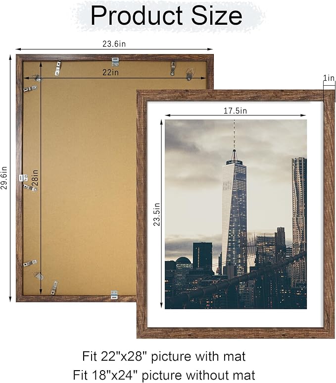 22x28 Picture Frame Set of 2, 22 x 28 Wood Poster Frames with Mat for 18x24, Wooden Photo Frames with Tempered Glass Cover for Wall Display, Rustic Brown