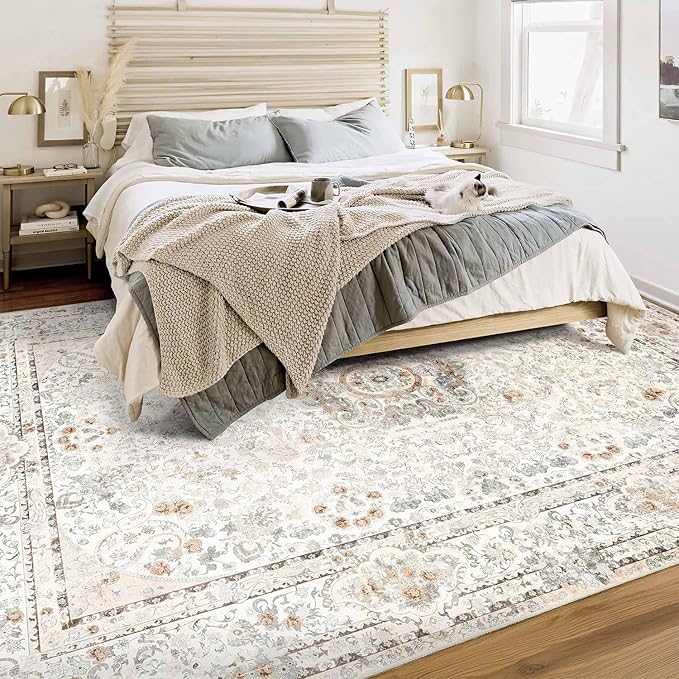 6x9 Area Rugs Washable,Boho Rug for Living Room Bedroom Kitchen,Large Vintage Bohemian Distressed Carpet Non Slip,Beige