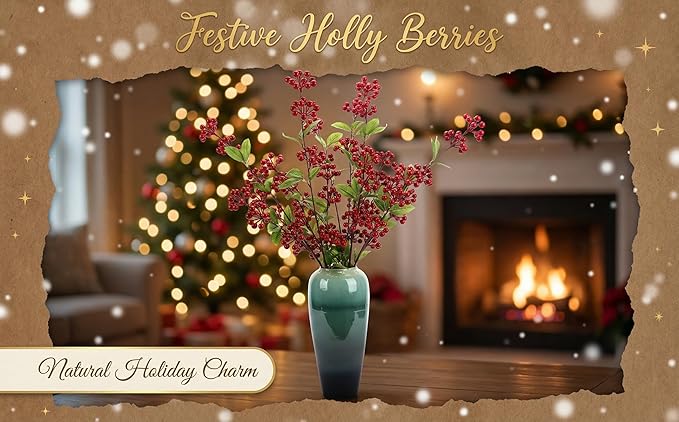 5 Pcs Artificial Holly Berries 30.7" - Christmas Tree Decorations, Realistic Red Berry Stems for Wreaths & Holiday Centerpiece