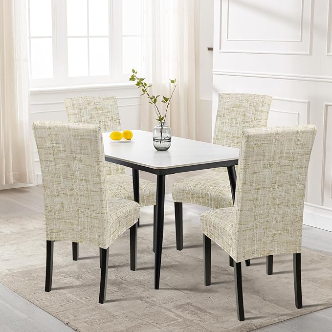 SearchI Dining Room Chair Covers Set of 4, Stretch Printed Floral Parsons Chair Slipcovers Removable Washable Kitchen Chair Protector Cover for Dining Room, Hotel, Ceremony (Beige Textured Grid)
