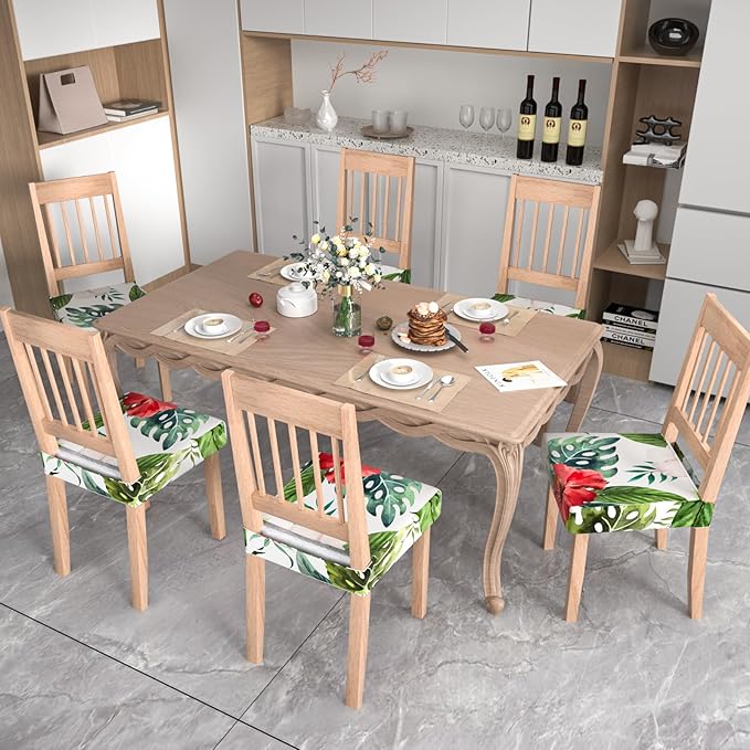 Stretch Dining Chair Seat Covers Set of 6,Dining Chair Slipcovers, Floral Printed Chair Covers,Soft Fabric Washable Upholstered Chair Seat Protector, No Rear Covers for Home Kitchen Dining Room