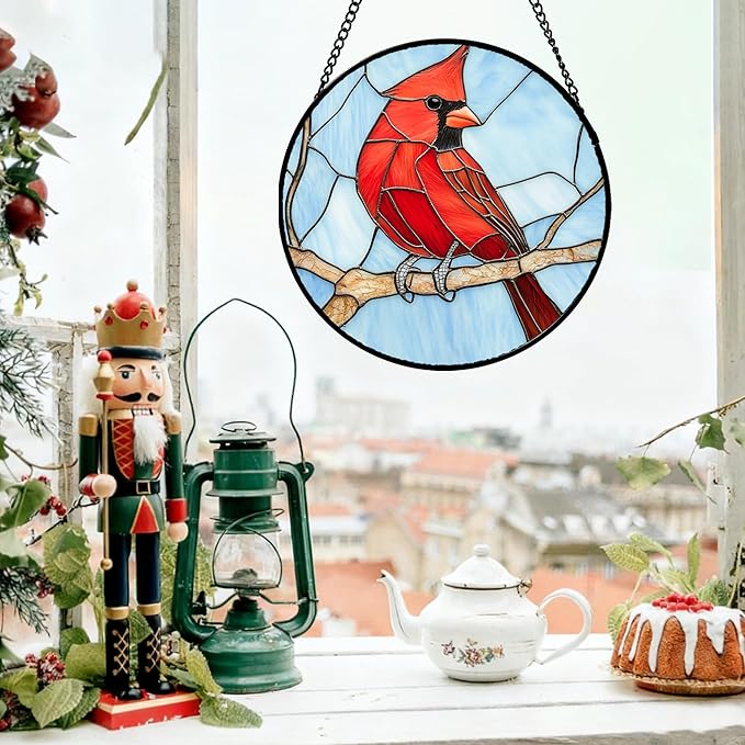 Stained Glass Window Hanging Cardinal Birds 9.8" - Suncatcher Door Garden Sun Catcher Home Decor Christmas Birthday for Bird Lovers Woman Her Nana Wife Men Mom