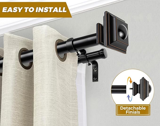 KAMANINA 1 Inch Double Curtain Rods 66 to 120 Inches (5.5-10 Feet), Telescoping Splicing Black Curtain Rod for Windows 54 to 115 Inches, Decorative Curtain Rods with Square Finials