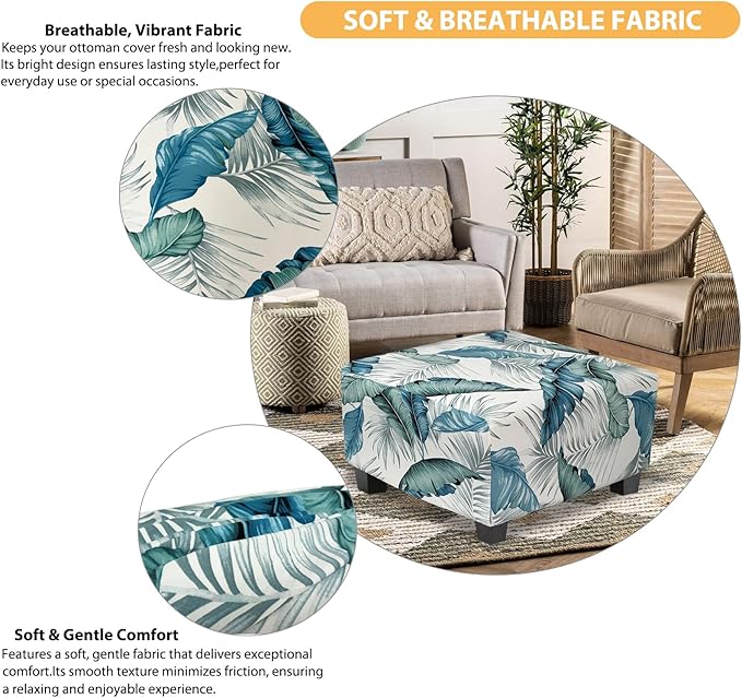 Ottoman Cover Square Slipcovers Printed,Stretch Footrest Stool Cover for Ottoman Square,Soft Foot Stool Cover Protector with Nonslip Elastic Bottom (Medium,Palm Leaf)