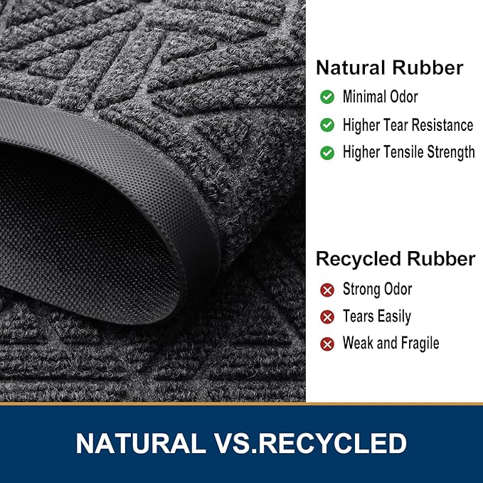 Smiry Front Door Mat Outside Entrance, Heavy Duty Sturdy Natural Rubber Doormat, Trap Dirt and Moisture, Easy Clean Low Profile Mats for Indoor Outdoor Entry, Grid Geometric (35x23, Grey)