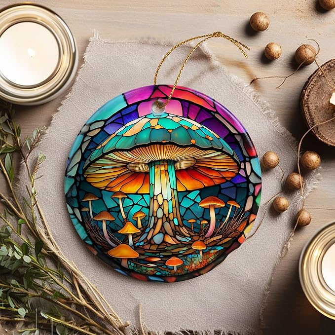 Stained Ceramic Mushroom Ornament - Christmas Ornaments & Home Decor for Mushroom Lovers