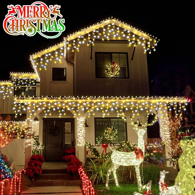 Christmas Lights Outdoor, 2 Pack Total 98FT 960 LED Ice Lights for Outside with 180 Drops 8 Modes Timer Memory, Plug in Waterproof for Holiday Eaves Yard Roof Party Decor (Cool White and Warm White)