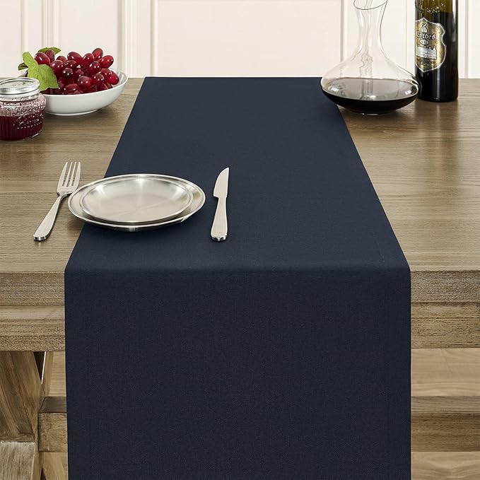 ZeeMart Basic Linen Style Table Runner, 14 x 60 Inch Dark Navy, Rustic Farmhouse Dark Blue Table Runners 60 Inches Long, Everyday Polyester Table Runner - Machine Washable & Easy Care