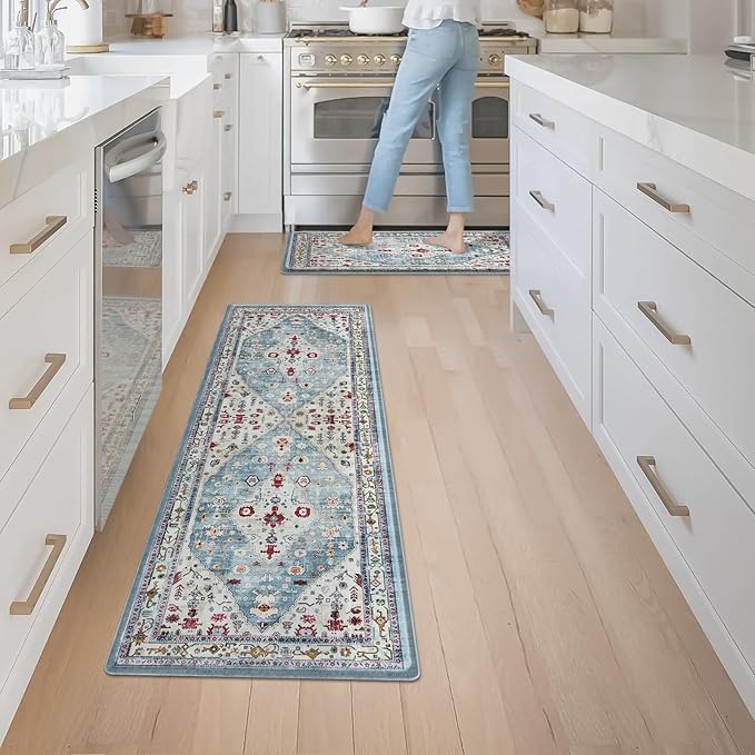 Collive Boho Kitchen Rugs and Mats 2PCS Cushioned Anti-Fatigue Floor Mat, Waterproof Kitchen Rug Set of 2 Non-Skid Comfort Standing Mat for Kitchen,Home,Office,Sink,Laundry,17"x30"+17"x59"