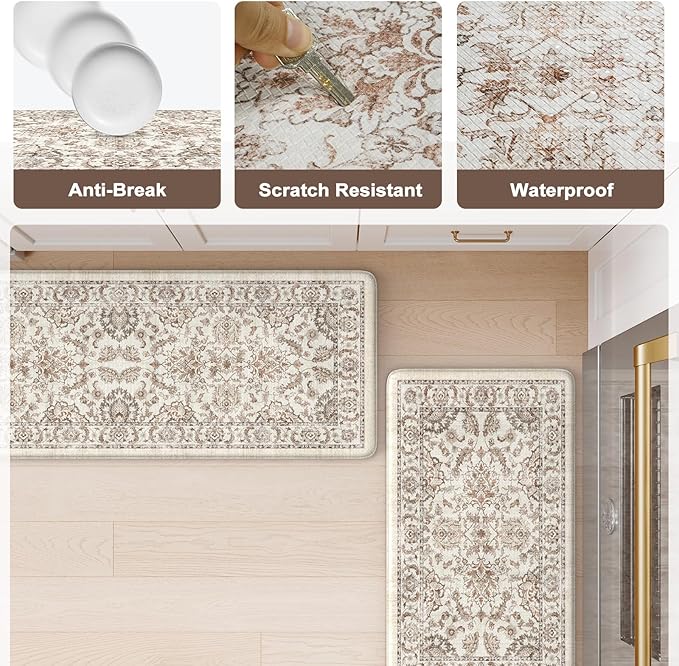 KIMODE Anti Fatigue Kitchen Rugs Sets of 2, Ergonomic Standing Cushioned Kitchen Floor Mats, Boho Kitchen Runner Stain Resistant, Non Slip Laundry Sink Rug Waterproof, 17.3"x59"+17.3"x29", Khaki