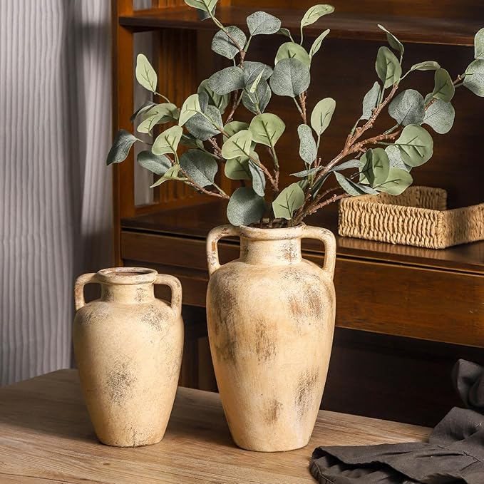 Rustic Vase for Flower, 8.85 inch Ceramic Vintage Vases with Handle, Tall Terracotta Christmas Farmhouse Vase for Home Decor, Living Room Shelf Decor, Enterway, Table, Lyeec