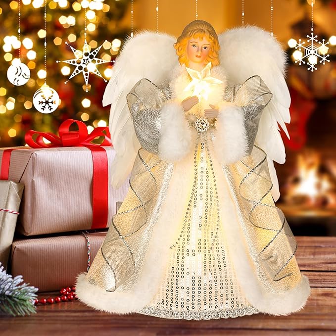 HMASYO Christmas Tree Topper Angel with Timer Lights, 12" Angel Tree Toppers with White Feather Wings, Star Light, Remote Control and USB Power Xmas Treetop Decor for Indoor Office Holiday Party