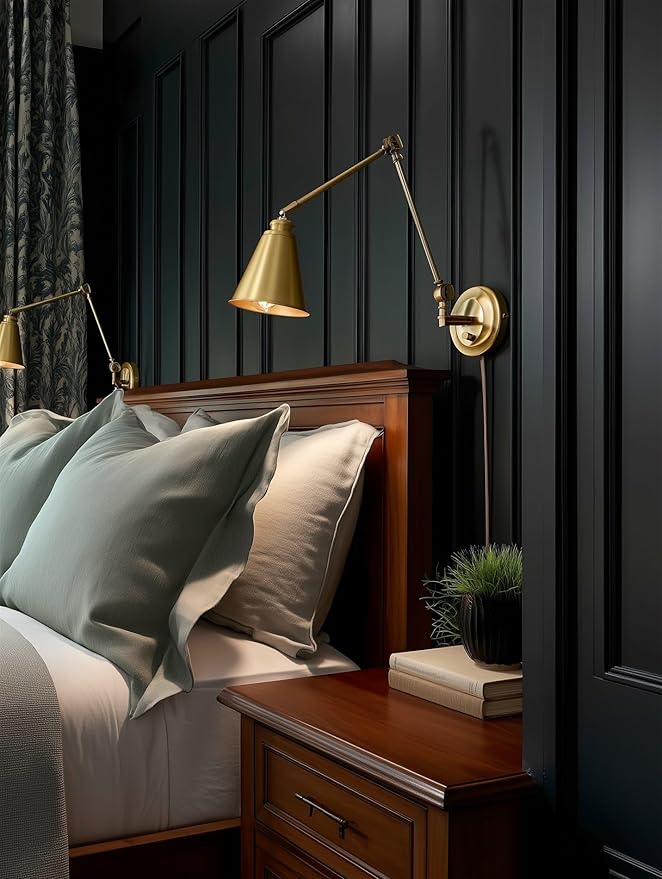 Kira Home Ellis 18" Vintage Industrial Swing Arm Wall Lamp - Plug in/Wall Mount + Cord Covers, Warm Brass Finish, 2-Pack