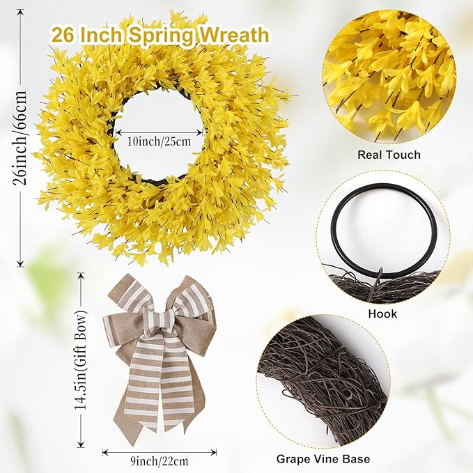 26 Inch Spring Wreaths for Front Door Large Forsythia Floral Summer Door Wreath Outdoor All Season Wild Wreath for Easter Valentines Home Living Room Porch Yard Window Farmhouse Decor (Yellow)