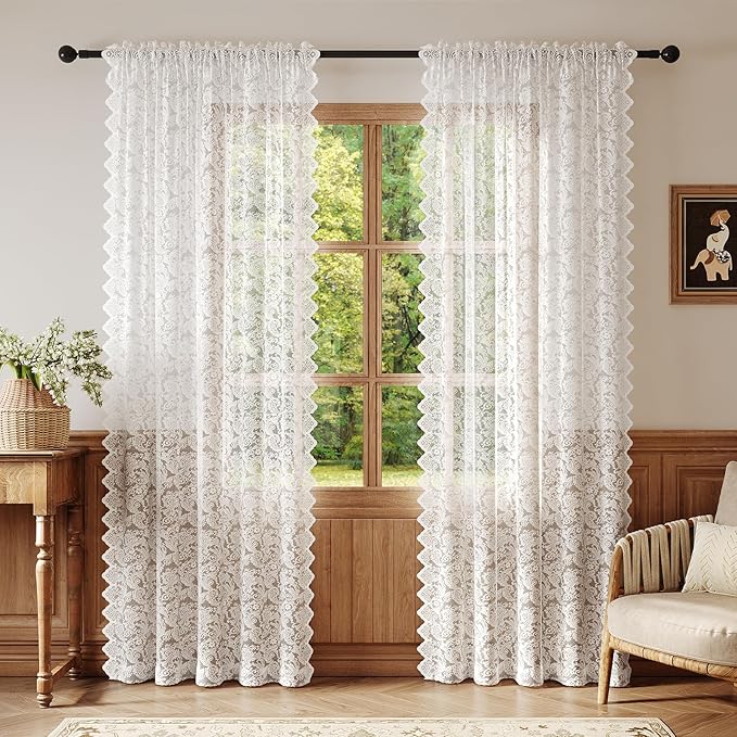 White Lace Sheer Curtains – Vintage Floral Lace for Bedroom/Kitchen, Victorian Privacy Light Filtering Rod Pocket Drapes, Delicate Chic Window Treatments Scalloped Hem, 52W x 54L Inch, 2-Panel