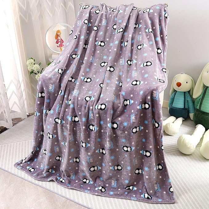 Warm Soft Toddler Fleece Blankets for Boys & Girls with Cartoon Penguin Pattern Print - Cozy Fuzzy Plush Flannel Kids Throw Blanket for Daycare & School - 50x60 inches (Grey)