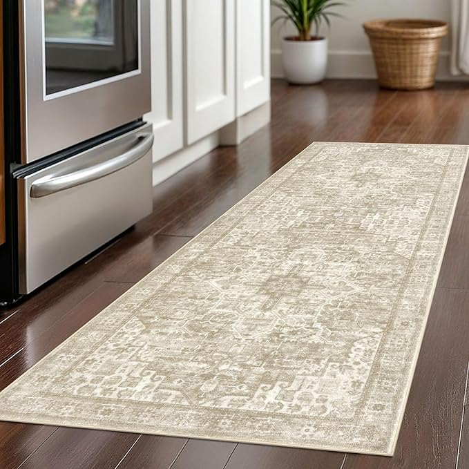 2x5 Runner Rug for Hallways, Light Beige Grey Brown Non-Slip Printed Washable Kitchen Runners, Vintage Boho Rugs with Non-Shedding, Soft Medallion Floor Carpet for Laundry Bedroom Entryway