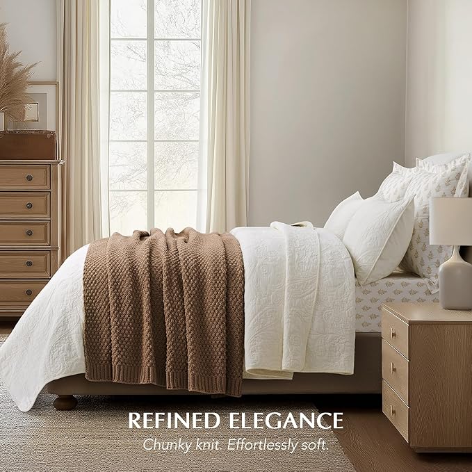 EVERGRACEHOME Chunky Chenille Knit Throw Blanket for Couch, Soft Luxurious Moss Stitch Blankets for Bed, Cozy Decorative Farmhouse Knitted Throws for Sofa, Camel Brown, 50" x 60"