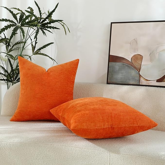 Bright Orange Chenille Decorative Couch Throw Pillow Covers, Soft Cushion Cases for Home Livingroom Sofa Décor, Pack of 2, 18 x 18 Inches