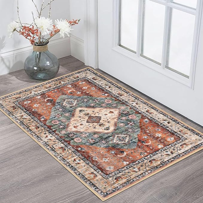KOZYFLY Small Area Rug 2x3 Ft Rugs for Entryway Washable Boho Entry Rug Non Slip Door Mat Indoor Entrance Rust/Orange/Blue Printed Faux Wool Vintage Printed Kitchen Rug Throw Rugs for Entrance Kitchen