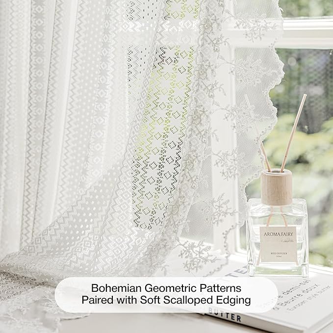White Sheer Curtains 84 inches Long – Vintage Boho Sheer Curtains for Living Room/Bedroom, Light Filtering Rod Pocket Drapes, Privacy Elegant Lacy Pattern Panels, 52W x 84L Inch, 2-Pack