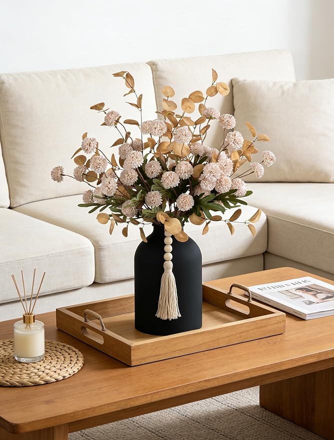 BLOSMON Dining Table Centerpiece Decor: Metal Vase with 12 Stems of Fake Mums Kiku Flower Eucalyptuses for Home - Beige Artificial Pom Poms Faux Floral Arrangements in Vase for Living Room