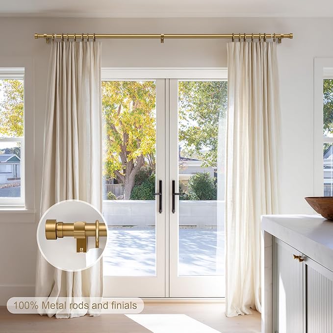 2 Pack Brass Gold Curtain Rods Set for Windows 48 to 84 Heavy Duty 1" Diameter Adjustable Window Single Rods with Solid Metal Finials for Bedroom Living Room Kitchen Farmhouse