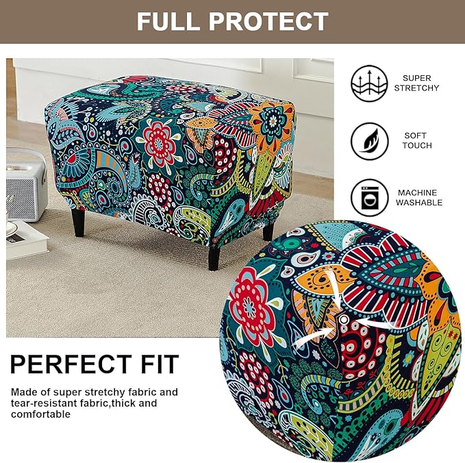 Eco-Ancheng Ottoman Cover Stretch Rectangle Footrest Stool Covers Storage Ottoman Slipcover Ottoman Bench Covers Slip Cover for Foot Stool Footstool Protector with Nonslip Elastic Bottom (02,X-Large)