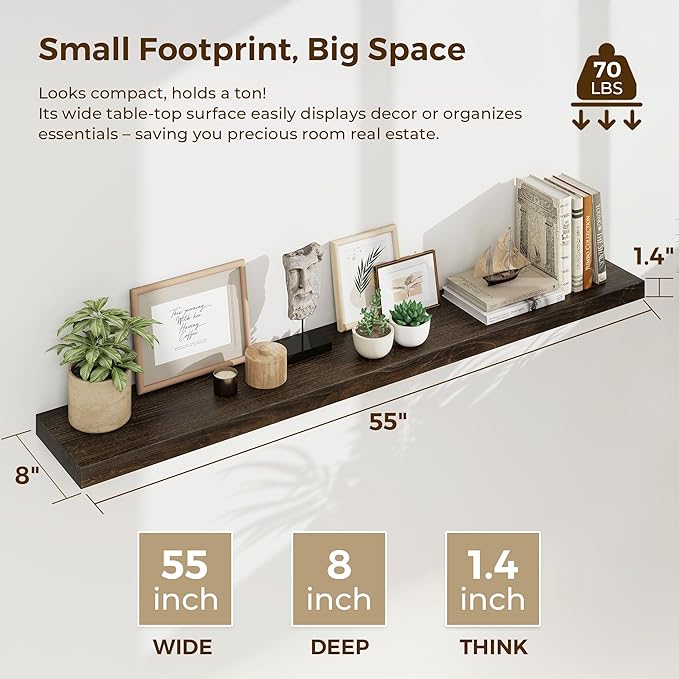 55 Inch Floating Shelves for Wall, Solid Elm Wood Wall Shelf for Home Decor, 8 Inch Deep Floating Shelf for Storage, 55 x 8 Wooden Shelves for Bathroom Living Room Kitchen, Walnut Color, Set of 1