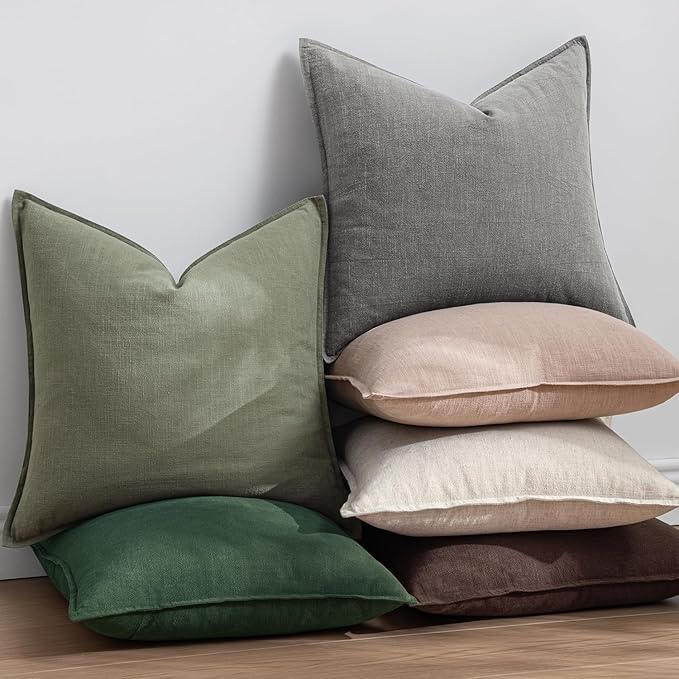EMEMA Throw Pillow Covers Decorative Linen Pillow Covers 20x20 Inch Light Olive Green Boho Farmhouse Neutral Couch Throw Pillows for Bed Pack of 2 Accent Pillowcase Modern Sofa Cushion Livingroom Home