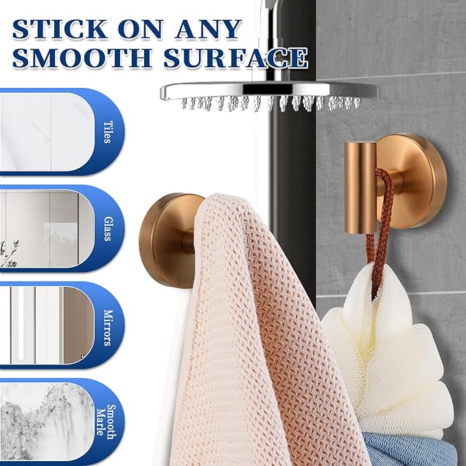 Heavy Duty Reusable Suction Cup Hooks for Shower - No Drill Bathroom/Glass/Mirror/Tiles & Metal Surfaces,and Smooth Non-Porous Surfaces for Towels, Robes, Loofahs (2, Champagne Bronze)