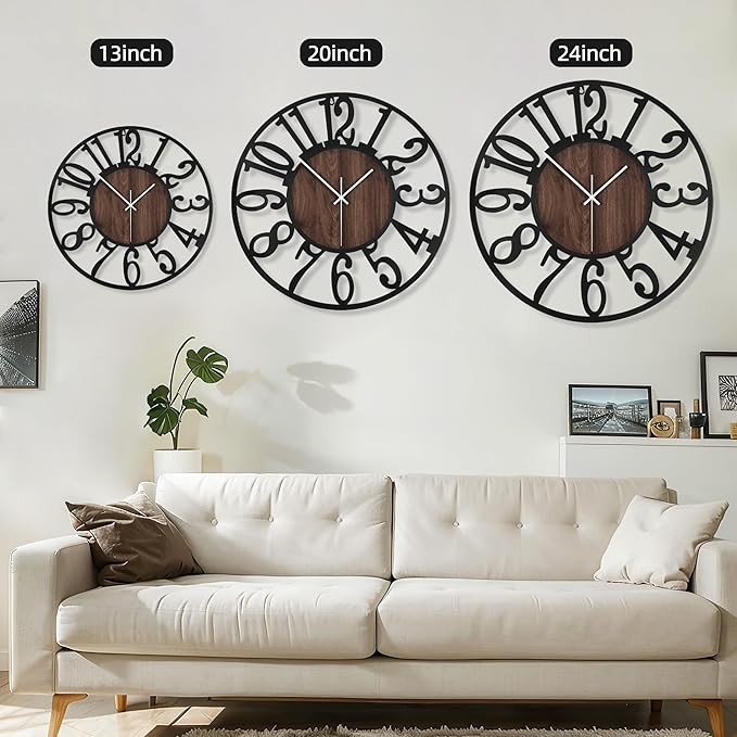 Maxstar Round Wall Clock for Living Room Decor Battery Operated Non Ticking Silent Vintage Black Metal Wood Clocks for Home Living Room Garden Farmhouse Office Kitchen Decoration -20 inch